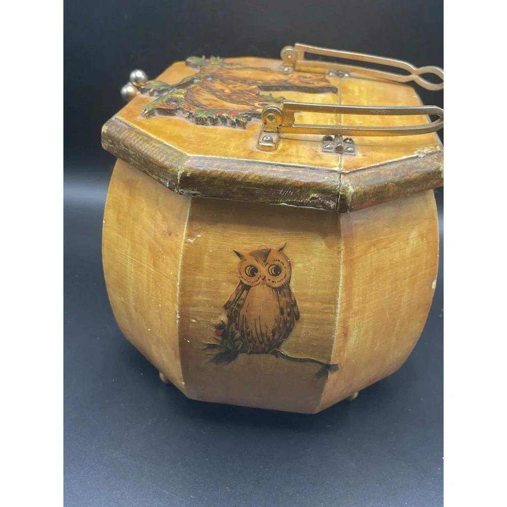 Rare Vintage 1960s-1970s Owl Wood Decoupage Purse
